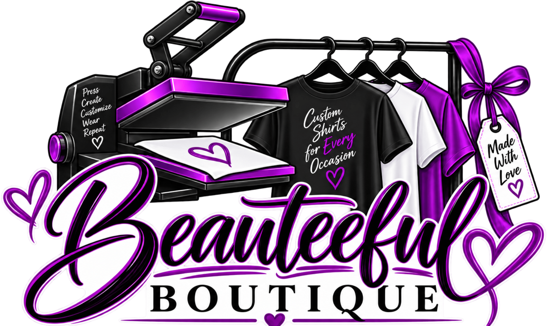 BeauTeeful Boutique — heat press and rack of custom shirts